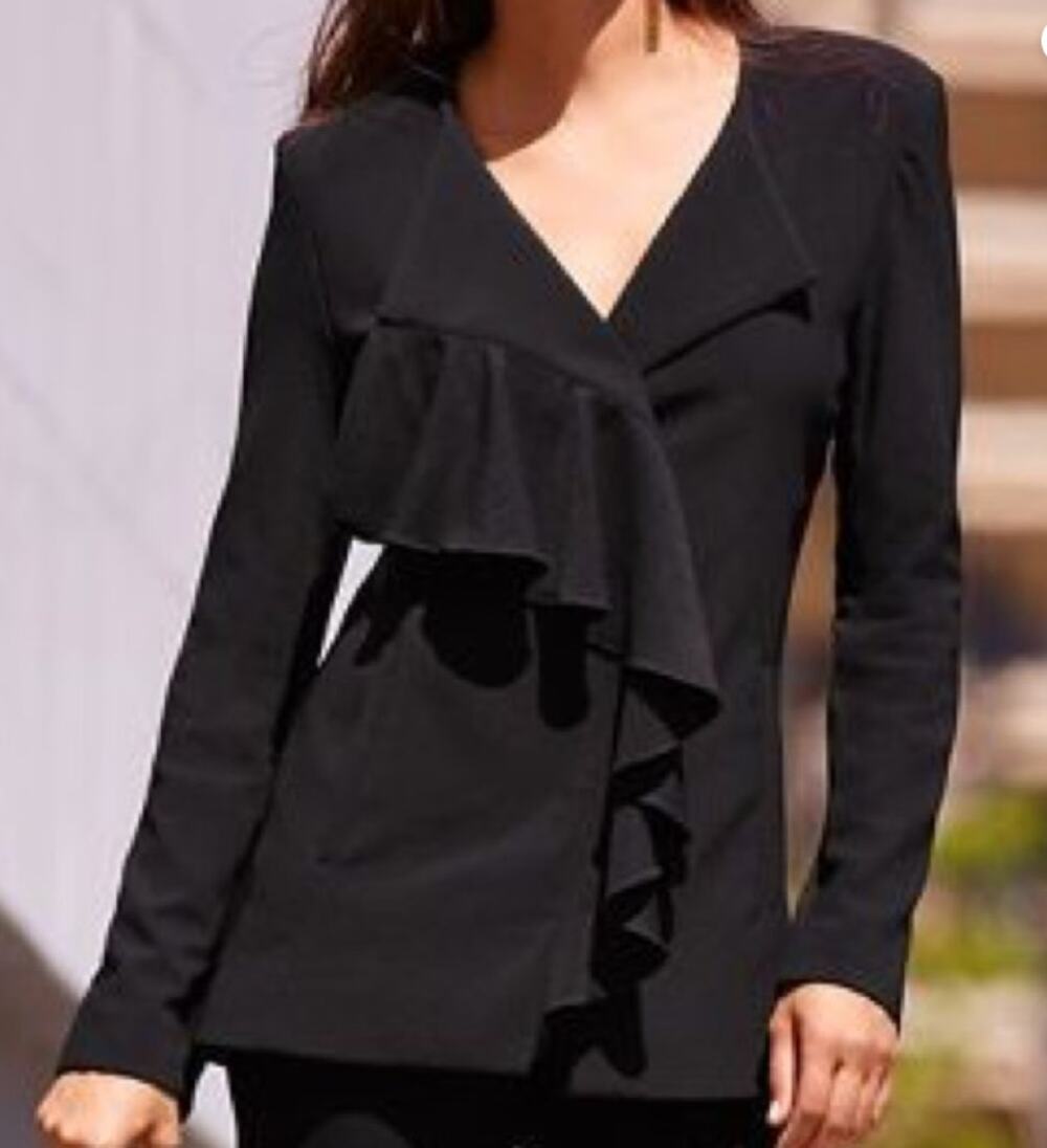 BOSTON PROPER Black Beyond Travel Ruffle Jacket Blazer Size 0 XS Stretch